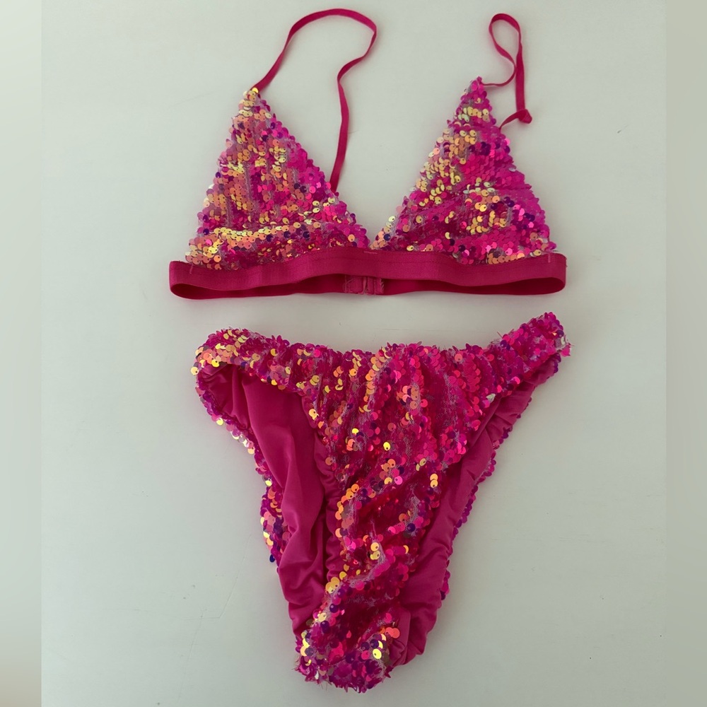 Dolls Kill Pixie Playroom Pink Iridescent Sequin Bikini Set